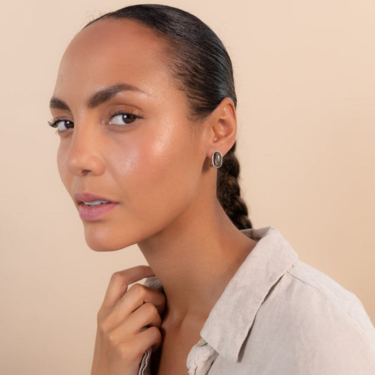 Black Obsidian Oval Earrings Silver