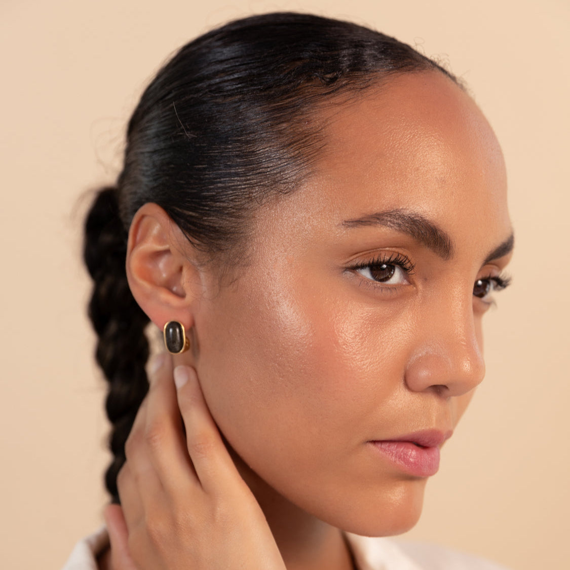 Black Obsidian Oval Earrings Gold