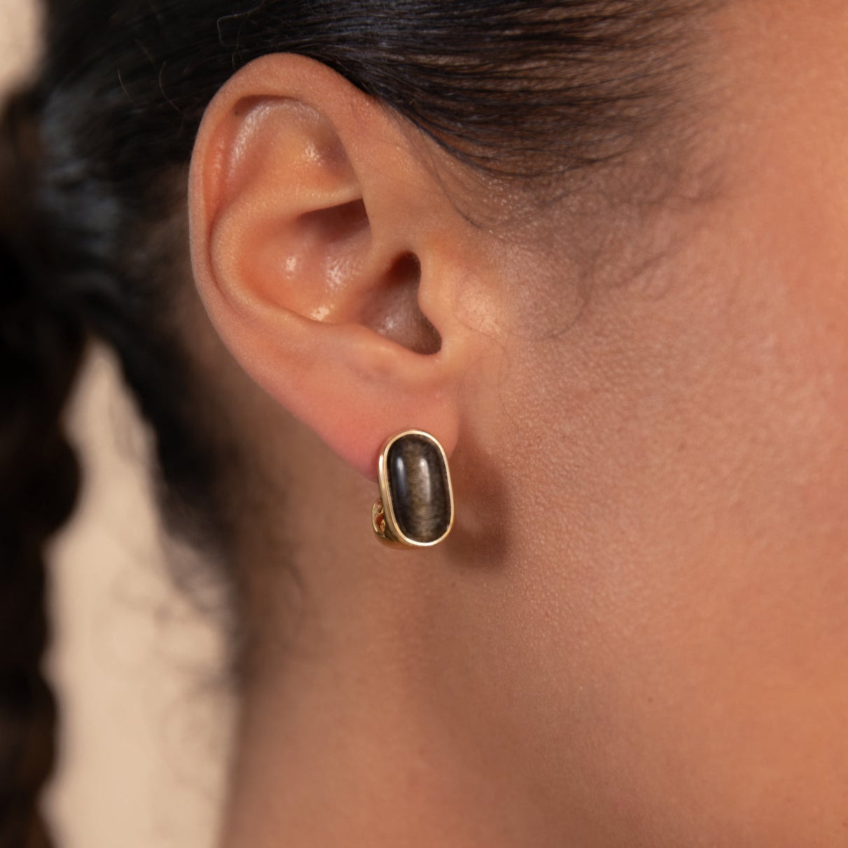 Black Obsidian Oval Earrings Gold