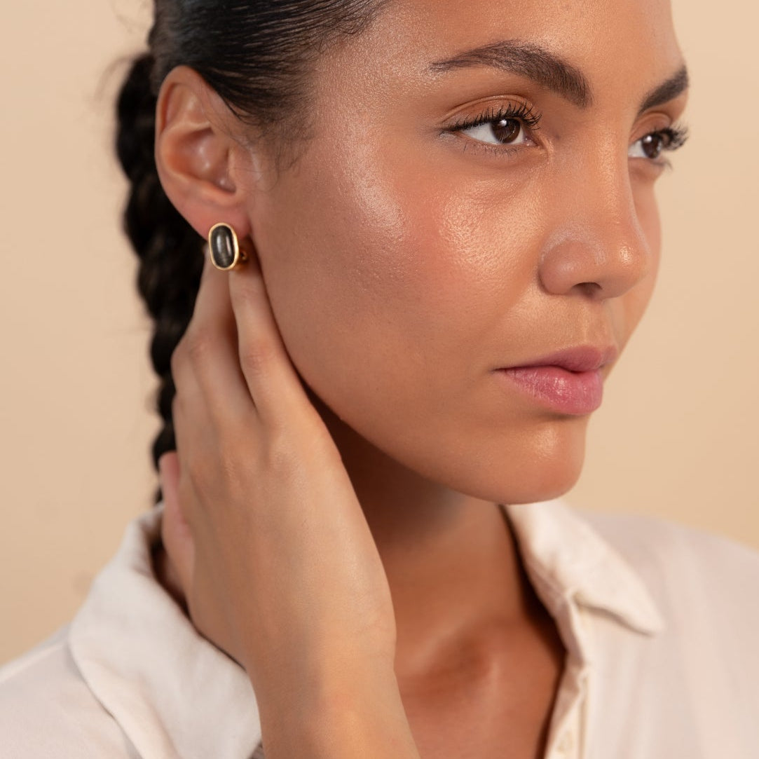 Black Obsidian Oval Earrings Gold