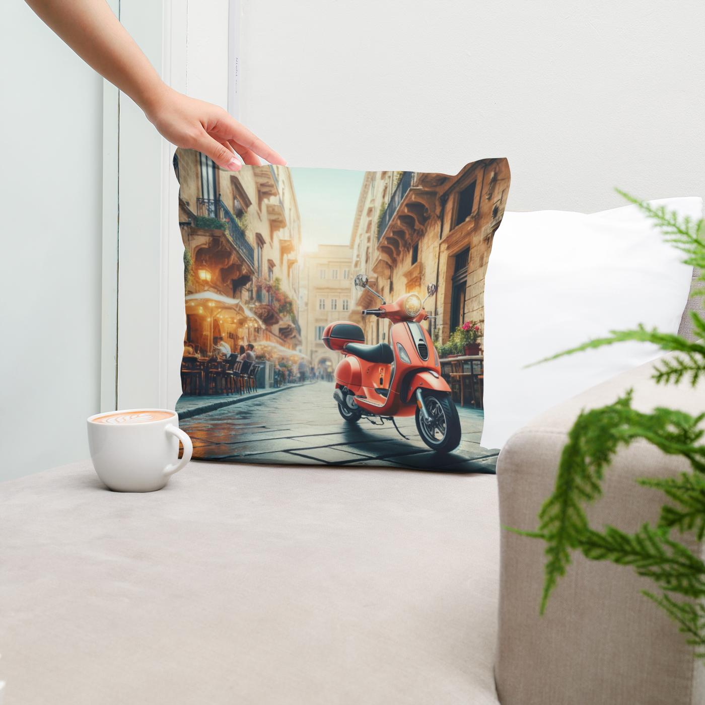 Cityscape Scooter Adventure Cotton Cushion