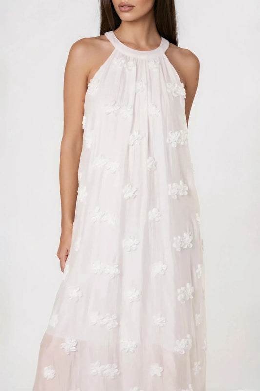 White Halterneck Flower Cotton Dress