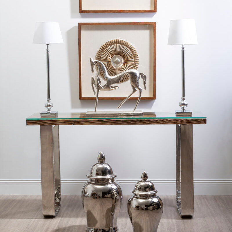 Natural Wood and Clear Glass Top Console Table with Silver U-Shaped Metal Legs | Kerala
