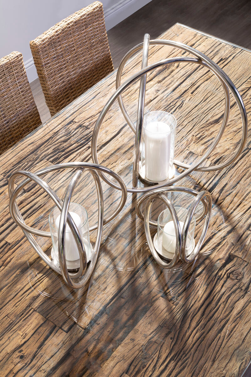 Natural Wood and Clear Glass Top Dining Table with Silver U-Shaped Metal Legs, Kerala