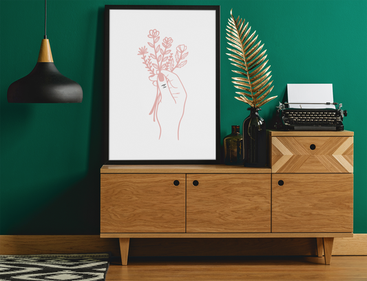 Hand With Floral Flower Bouquet Boho Hippie Simple Home Wall Decor Print
