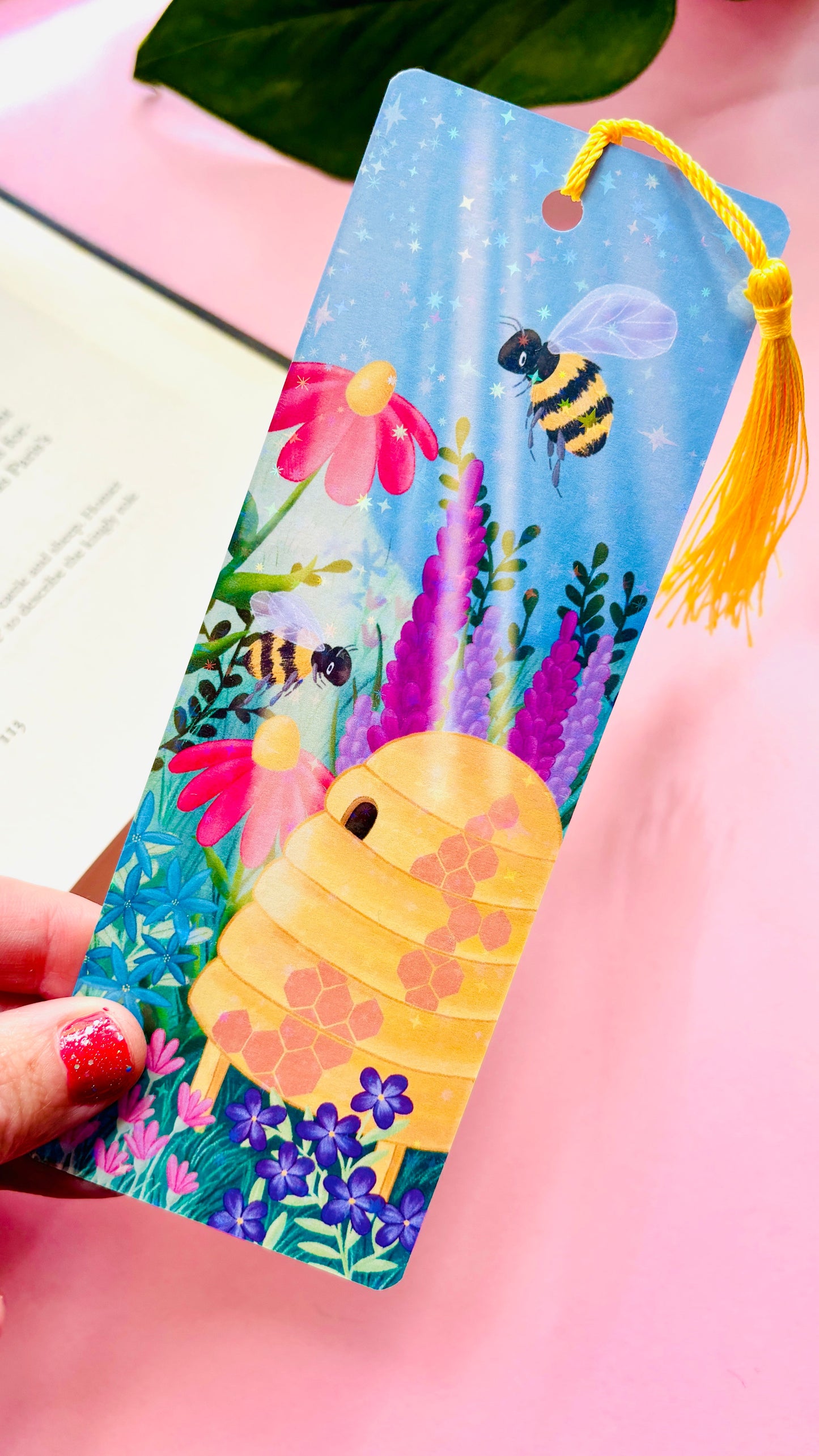 Bee and Wildflower Bookmark – Handmade Holographic Rainbow Book Accessory