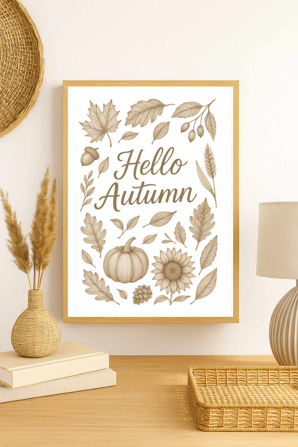 Hello Autumn Neutral Wall Art – Pumpkin, Sunflower & Fall Leaves Print in Minimalist Farmhouse Style