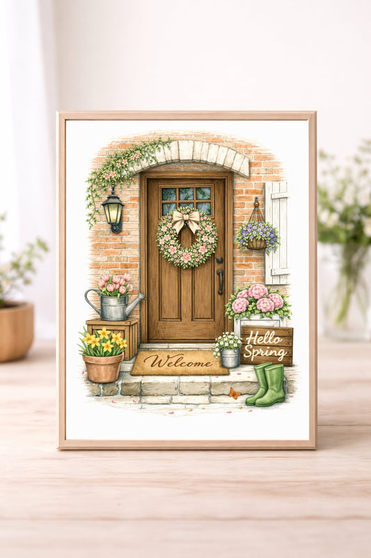 Hello Spring Brown Front Door Wall Art – Floral Cottage Entryway Illustration Spring Home Decor Print
