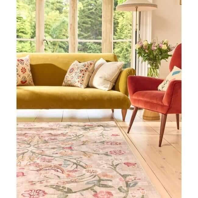 Eco-Washable Beige Rug Floral Design
