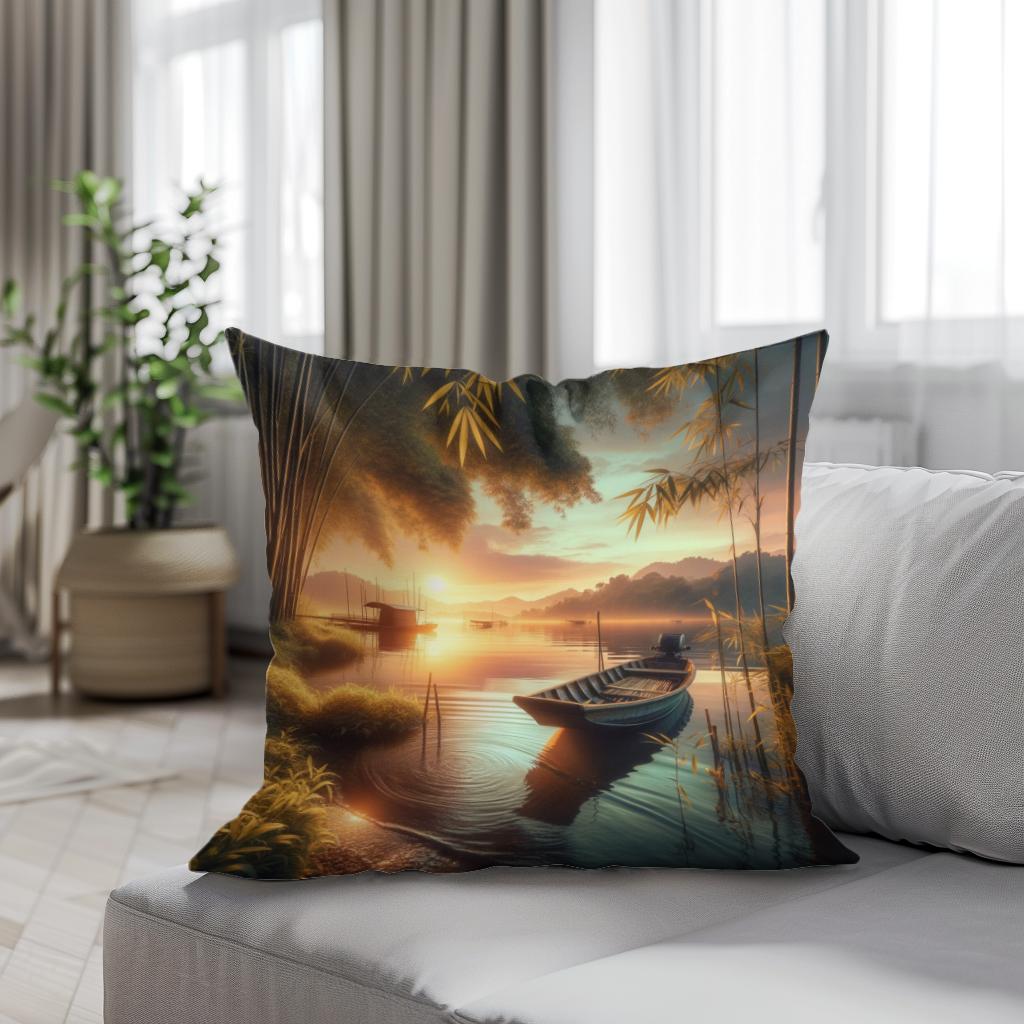 Lakeside Sunset Serenity Cotton Cushion