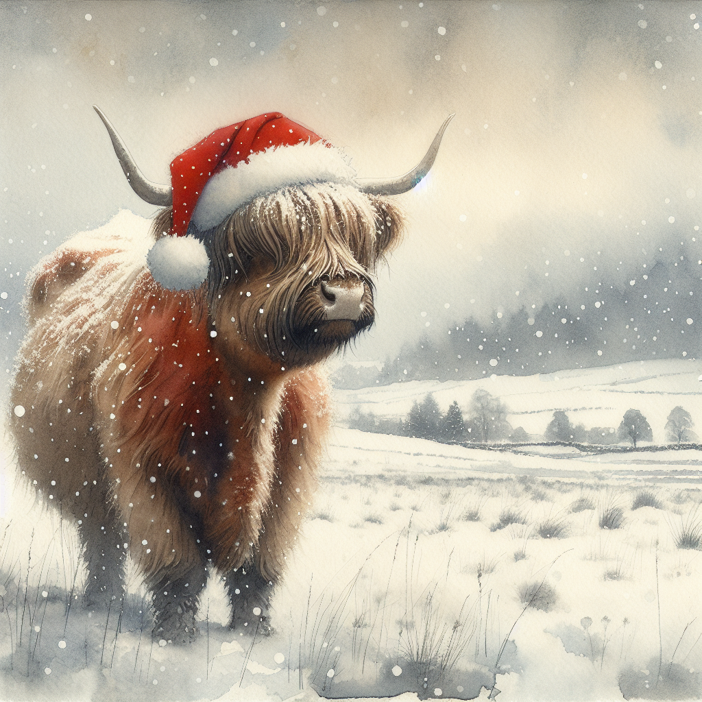 Highland Christmas Cow Watercolour Canvas