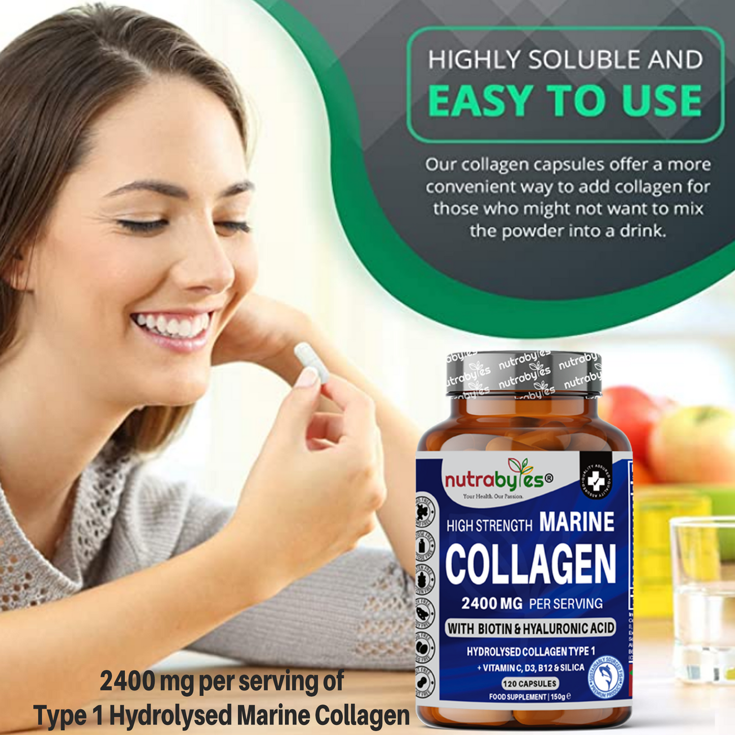 High Strength Marine Collagen Capsules 2400mg | 120 Capsules with Vitamin C, Hyaluronic Acid & Biotin | Made in UK