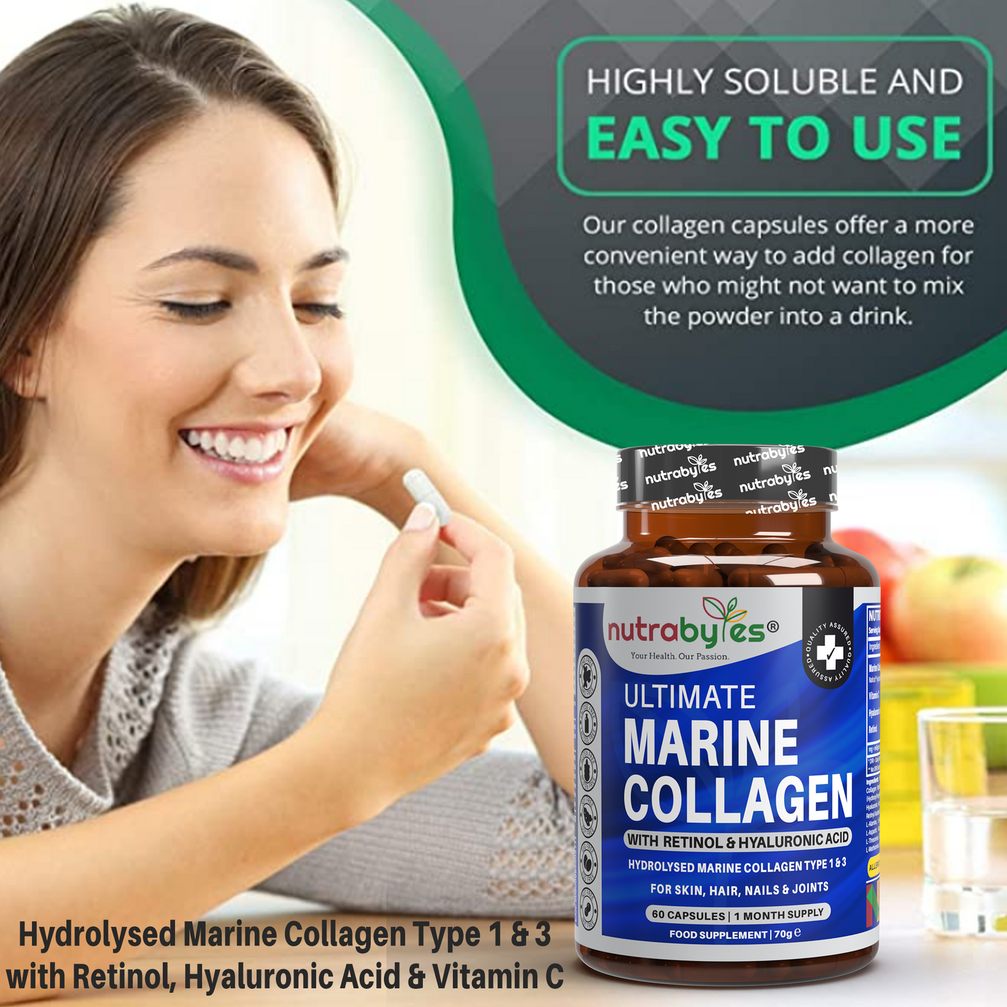 Marine Collagen Capsules Types 1 & 3 with Hyaluronic Acid & Vitamin C | 60 Capsules | 1-Month Supply | UK Made