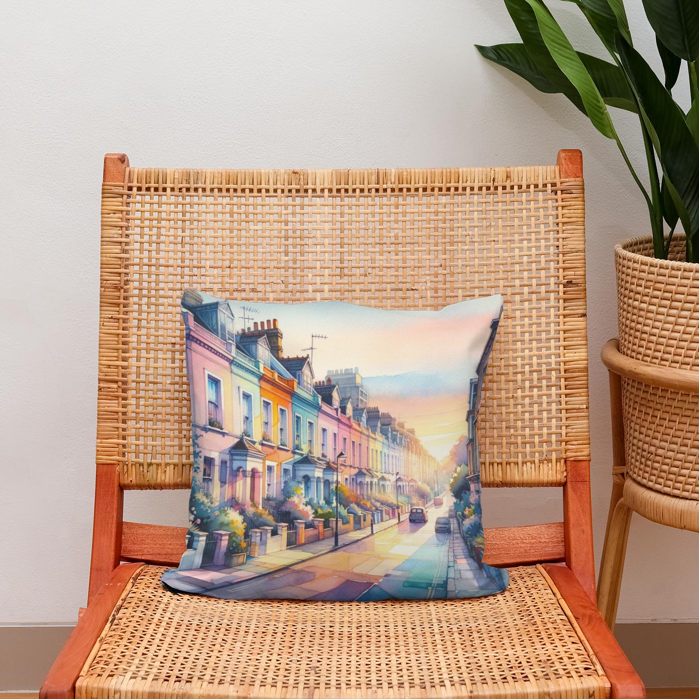 London Notting Hill Morning Watercolor Cotton Cushion