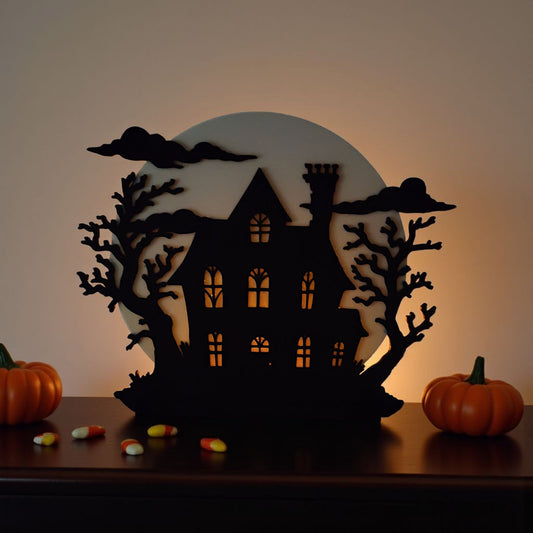 Spooky Halloween Hill House with LED Tealight Holder – Enchanting Light-Up Decoration for Windowsills or Doors