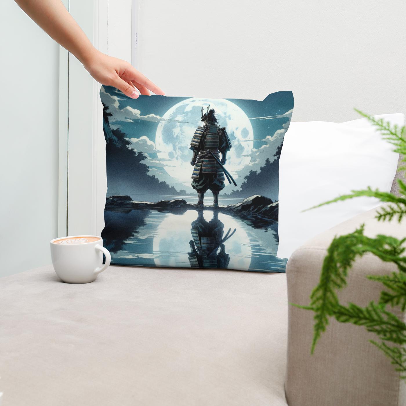 Moonlit Samurai Reflection Cotton Cushion