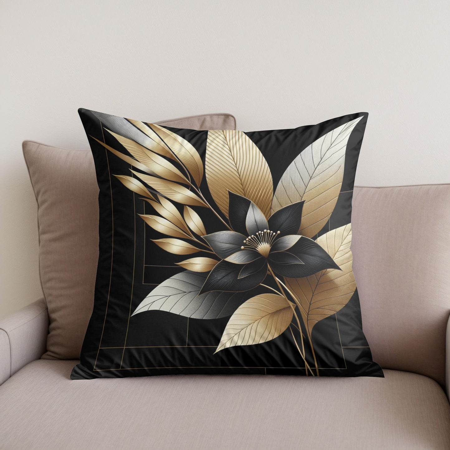 Golden Noir Floral Elegance Cotton Cushion