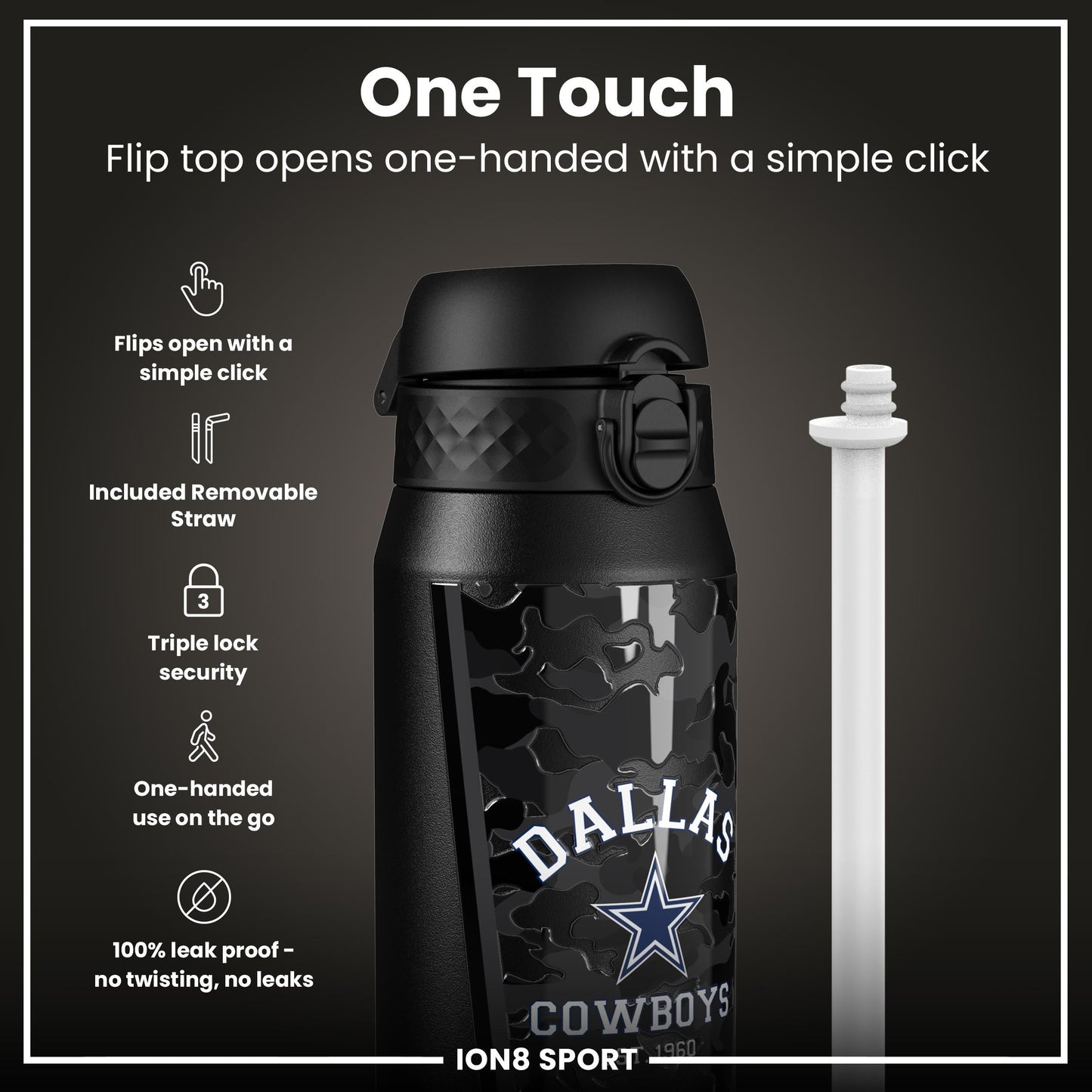 NFL x ION8 Insulated Steel Water Bottle, NFL Cowboys, 750ml (24oz)