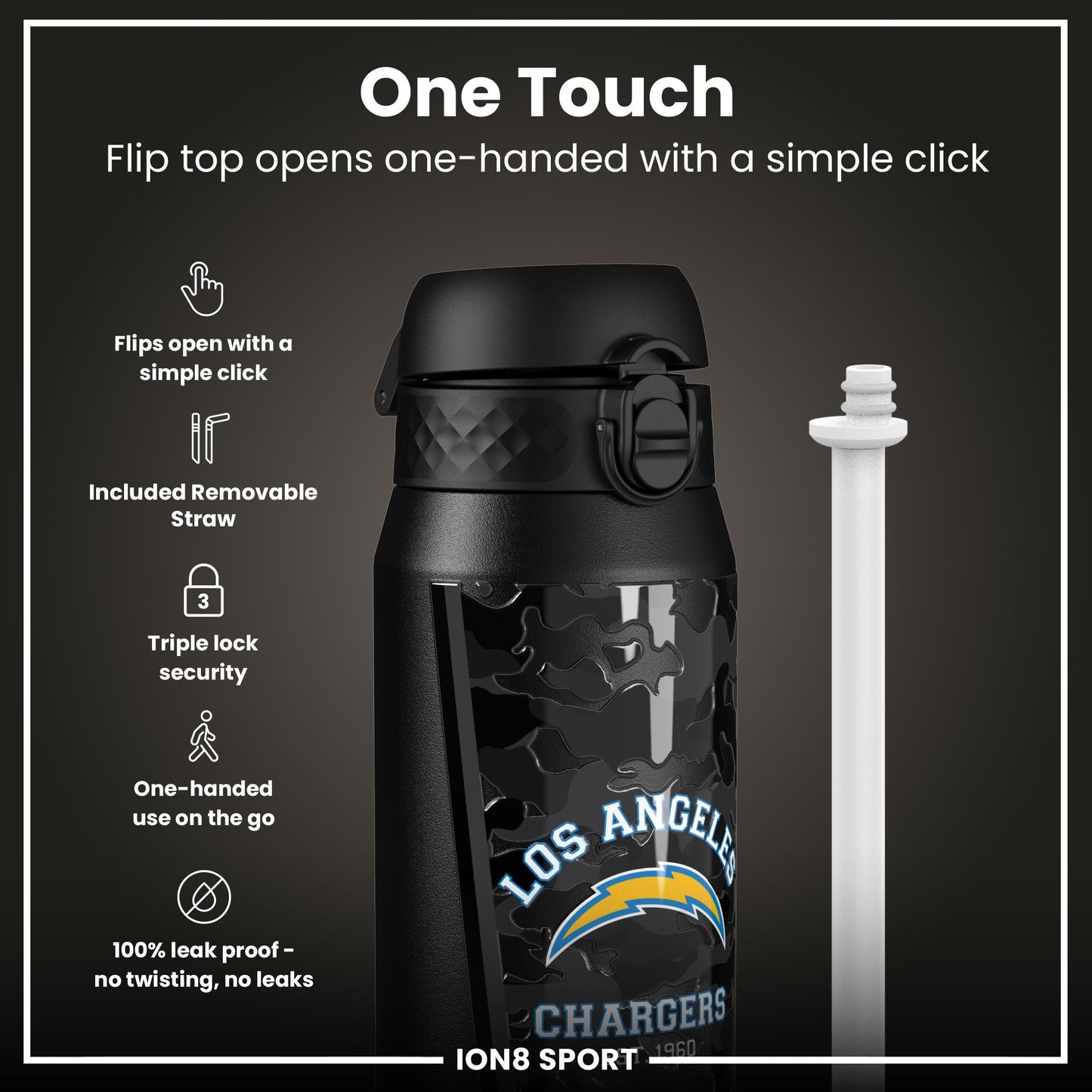 NFL x ION8 Insulated Steel Water Bottle, NFL Chargers, 750ml (24oz)