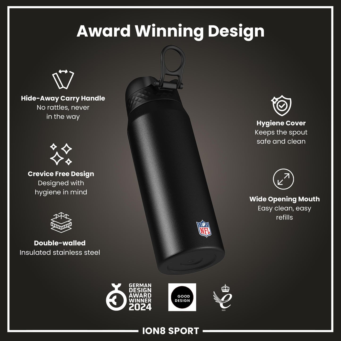 NFL x ION8 Insulated Steel Water Bottle, NFL Raiders, 750ml (24oz)