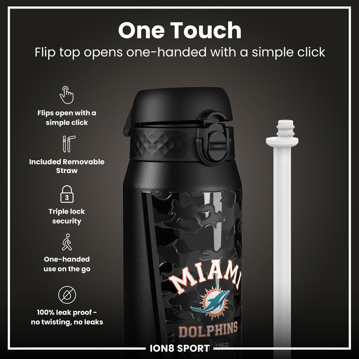 NFL x ION8 Insulated Steel Water Bottle, NFL Dolphins, 750ml (24oz)