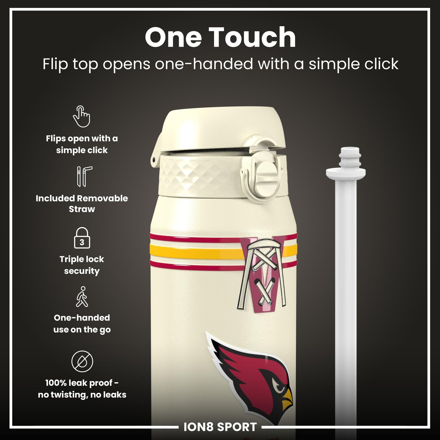 NFL x ION8 Insulated Steel Water Bottle, NFL Cardinals, 750ml (24oz)