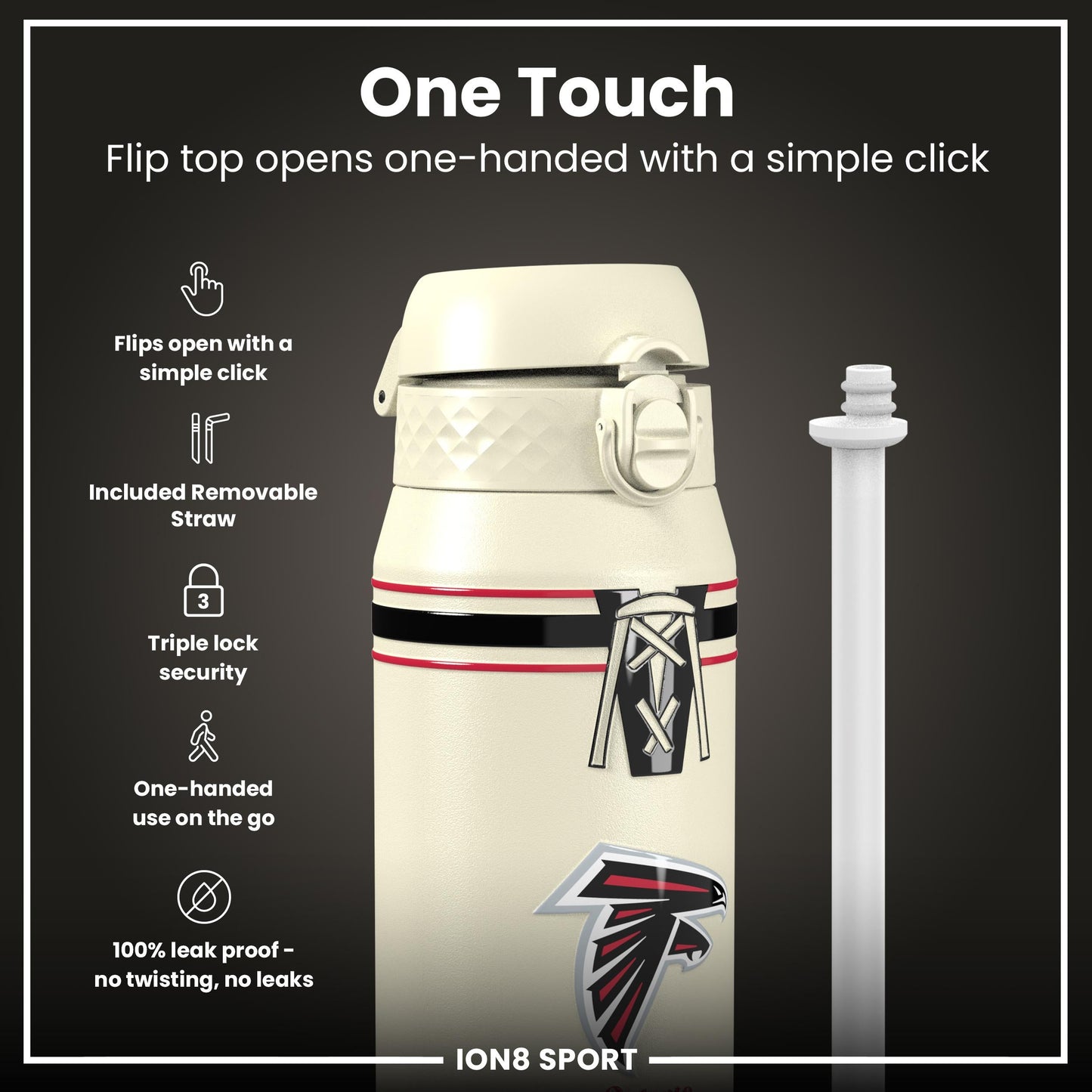 NFL x ION8 Insulated Steel Water Bottle, NFL Falcons, 750ml (24oz)