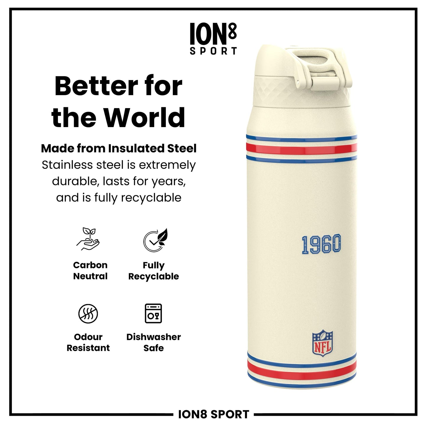 NFL x ION8 Insulated Steel Water Bottle, NFL Bills, 750ml (24oz)