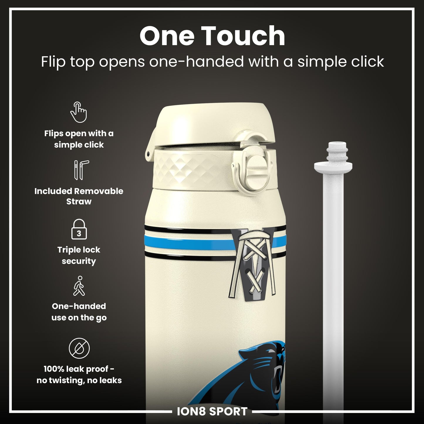 NFL x ION8 Insulated Steel Water Bottle, NFL Panthers, 750ml (24oz)