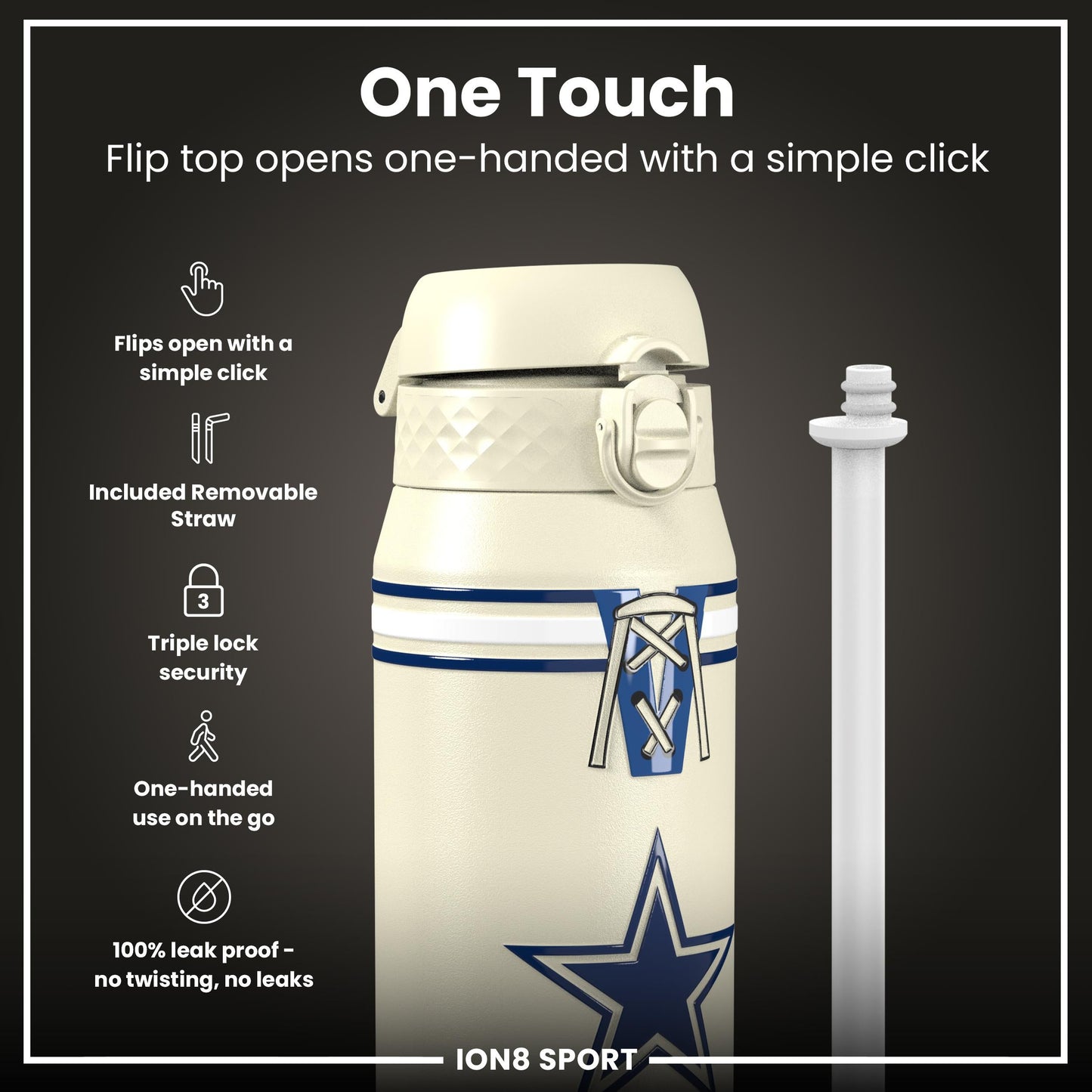 NFL x ION8 Insulated Steel Water Bottle, NFL Cowboys, 750ml (24oz)