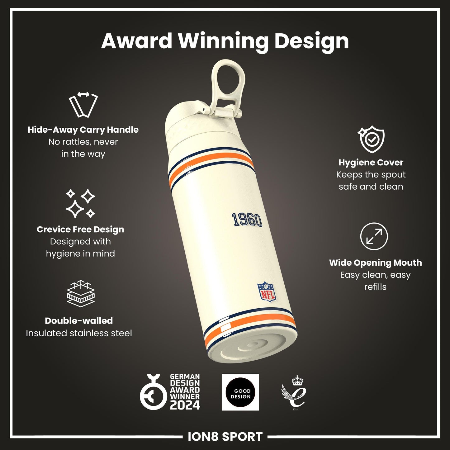 NFL x ION8 Insulated Steel Water Bottle, NFL Broncos, 750ml (24oz)
