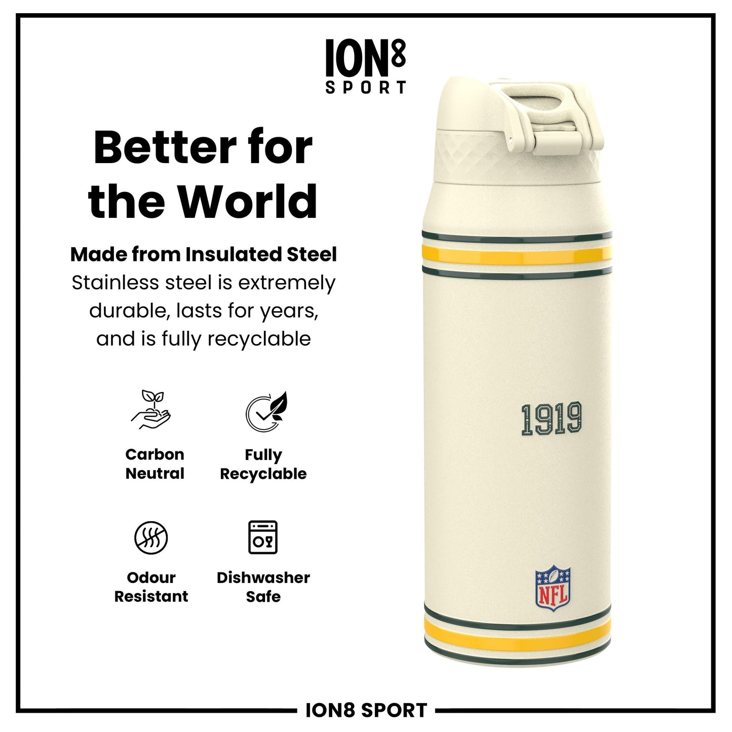 NFL x ION8 Insulated Steel Water Bottle, NFL Packers, 750ml (24oz)