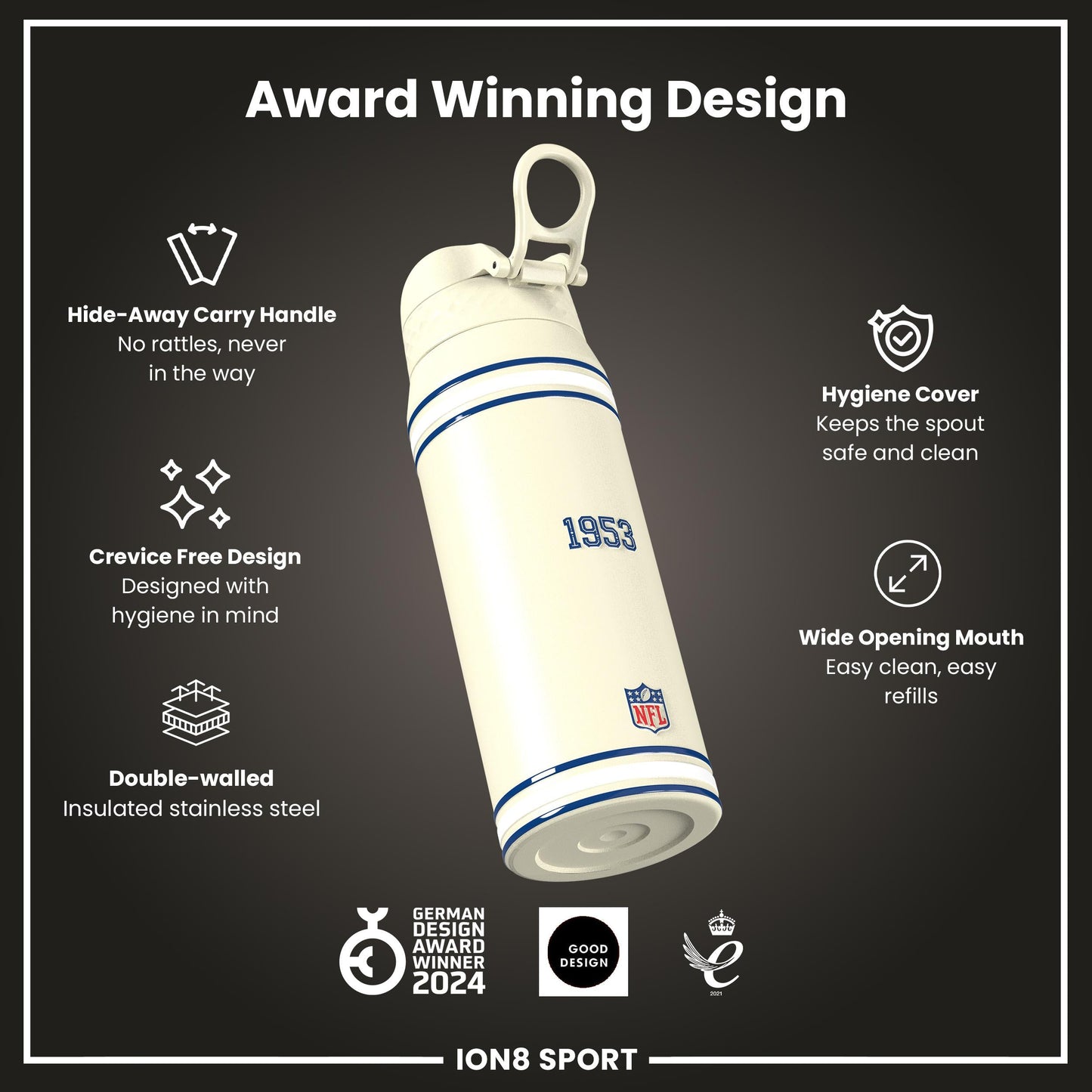 NFL x ION8 Insulated Steel Water Bottle, NFL Colts, 750ml (24oz)