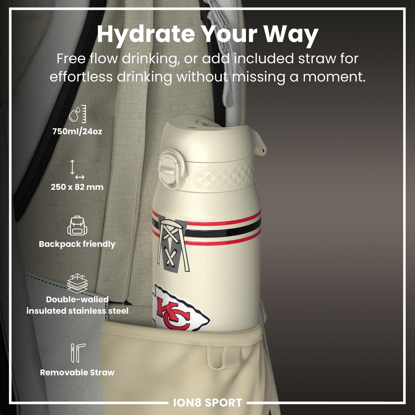 NFL x ION8 Insulated Steel Water Bottle, NFL Chiefs, 750ml (24oz)