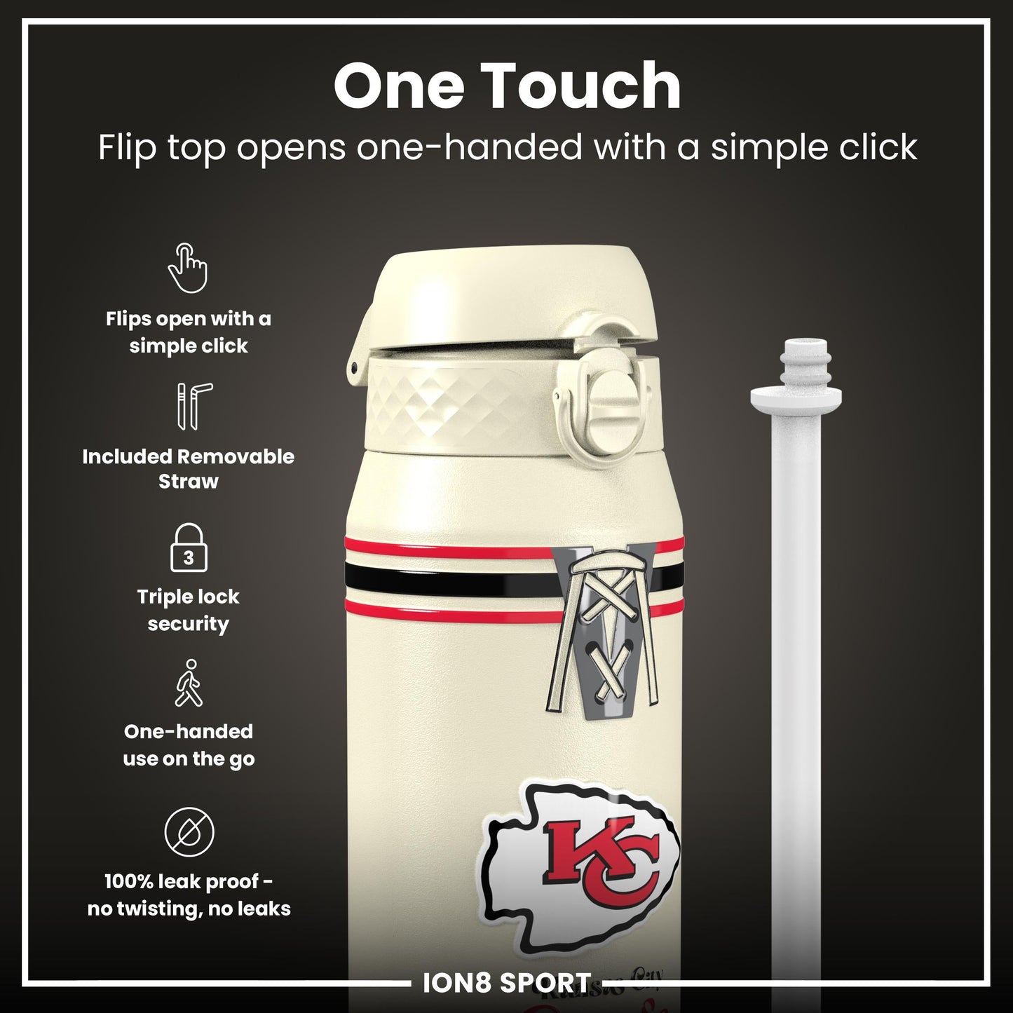 NFL x ION8 Insulated Steel Water Bottle, NFL Chiefs, 750ml (24oz)