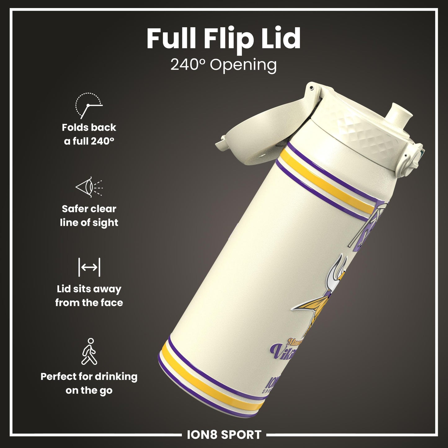 NFL x ION8 Insulated Steel Water Bottle, NFL Vikings, 750ml (24oz)