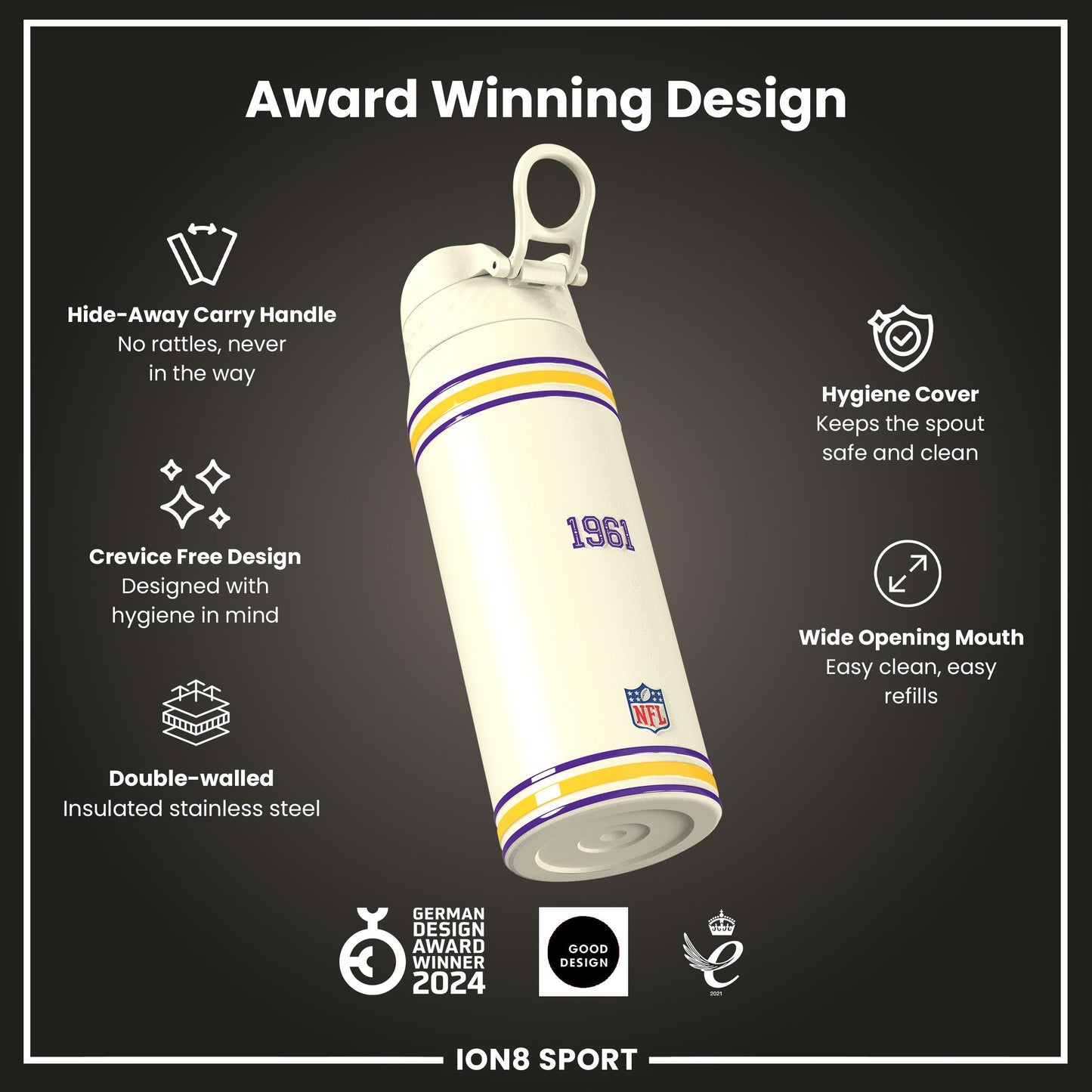 NFL x ION8 Insulated Steel Water Bottle, NFL Vikings, 750ml (24oz)