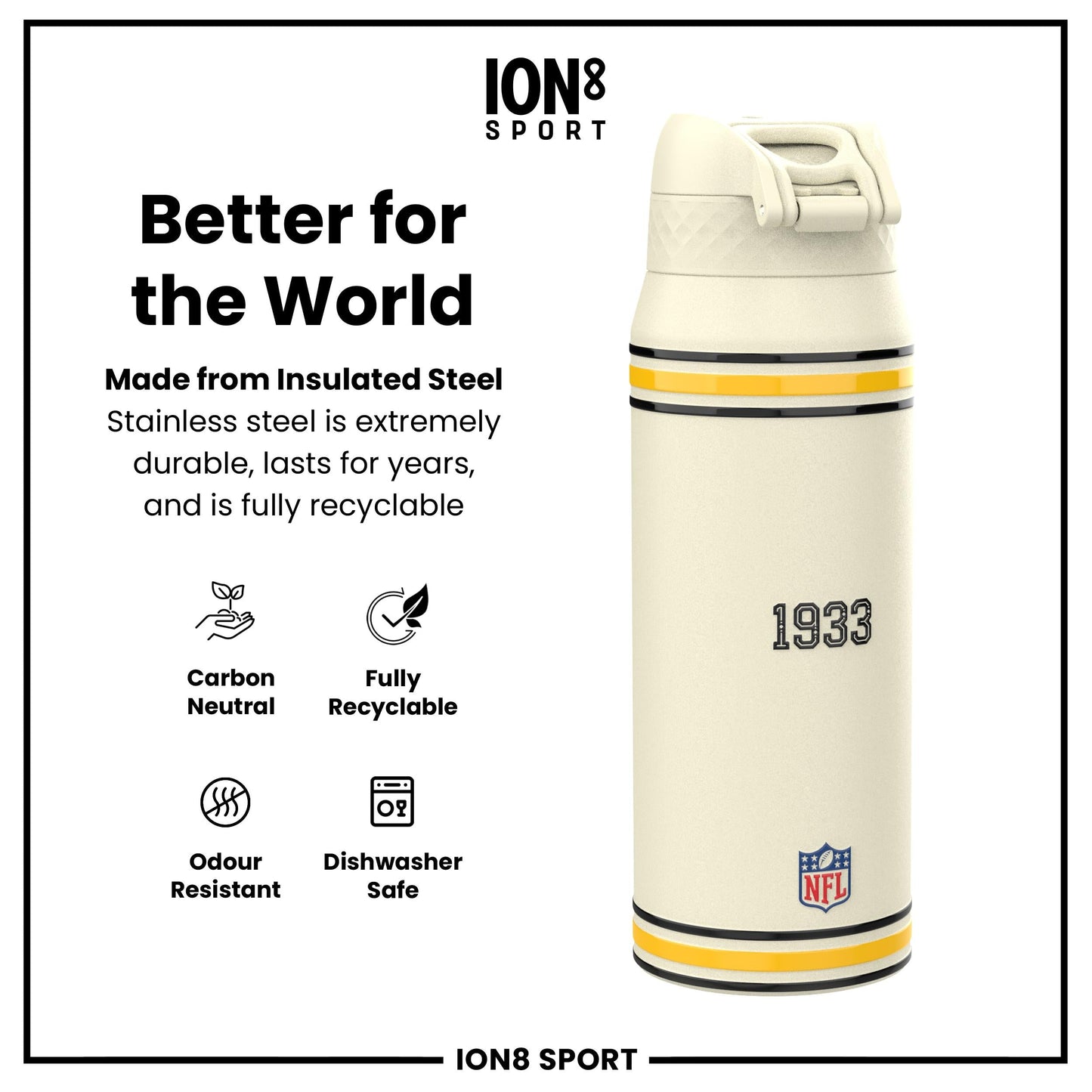 NFL x ION8 Insulated Steel Water Bottle, NFL Steelers, 750ml (24oz)