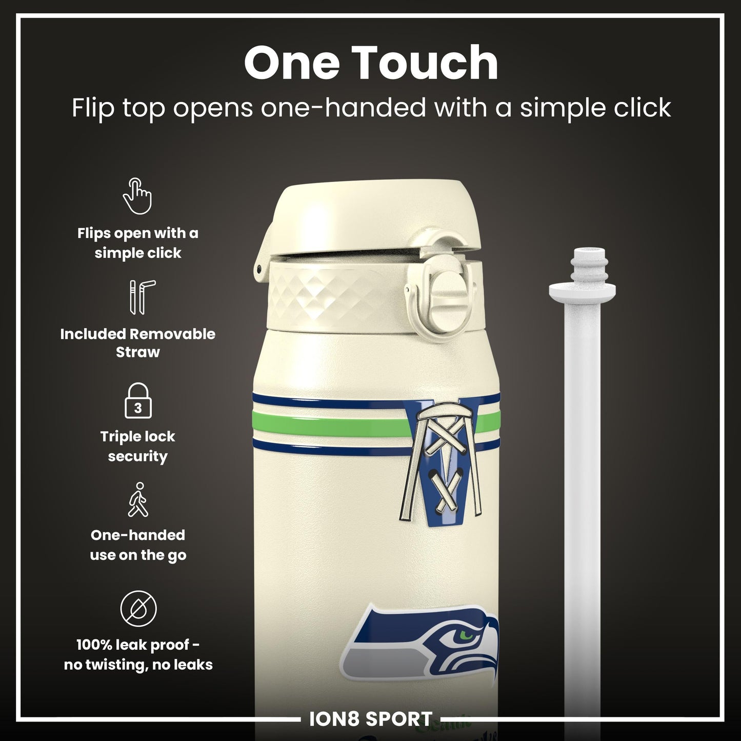 NFL x ION8 Insulated Steel Water Bottle, NFL Seahawks, 750ml (24oz)
