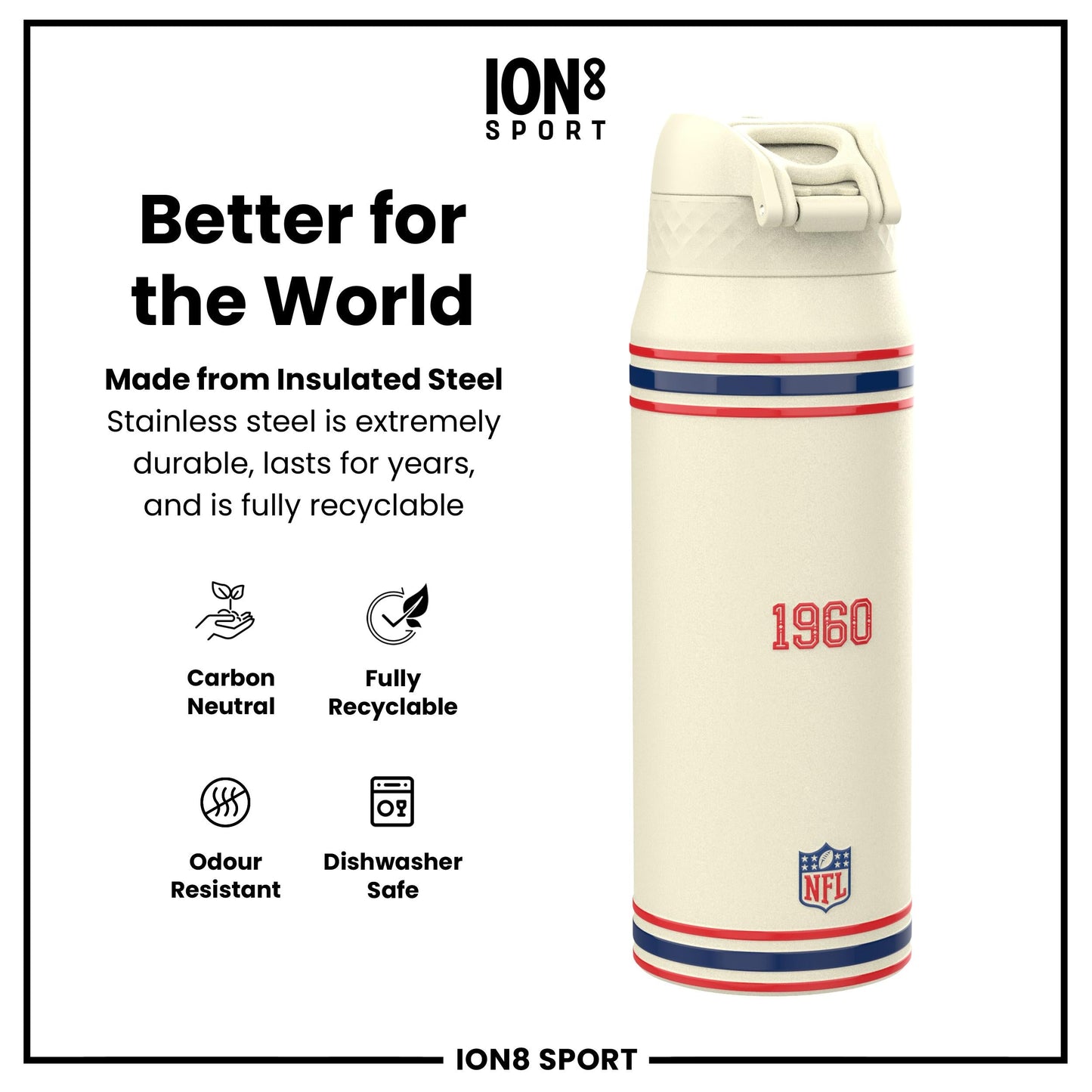 NFL x ION8 Insulated Steel Water Bottle, NFL Titans, 750ml (24oz)