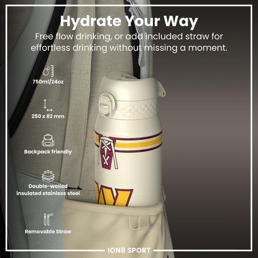 NFL x ION8 Insulated Steel Water Bottle, NFL Commanders, 750ml (24oz)