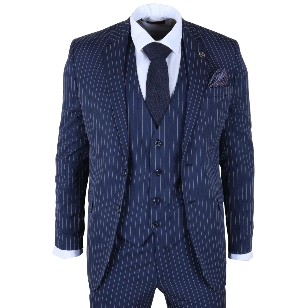 IM43 - Men's Classic Pinstripe 3 Piece Navy Blue Suit