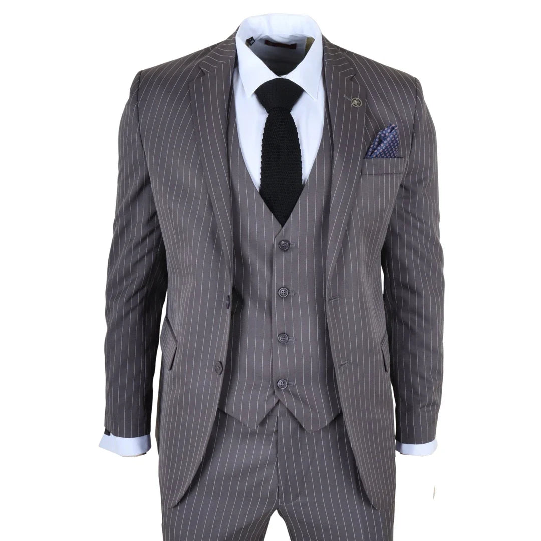 IM44 - Men's Classic Pinstripe 3 Piece Grey Suit