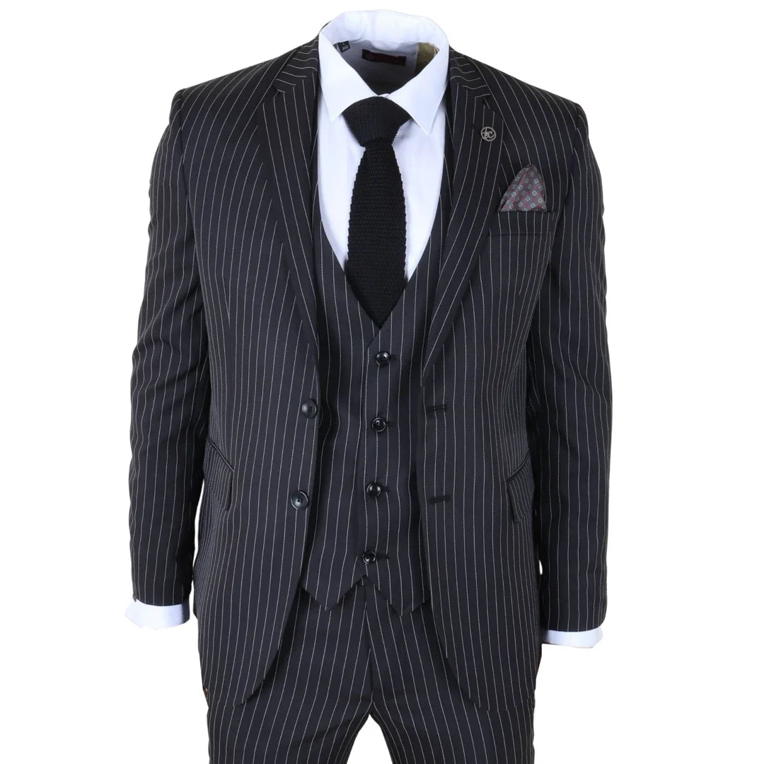 IM45 - Men's Classic Pinstripe 3 Piece Black Suit