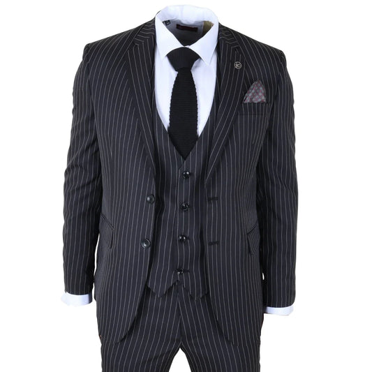 IM45 - Men's Classic Pinstripe 3 Piece Black Suit