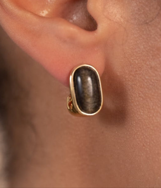 Black Obsidian Oval Earrings Gold