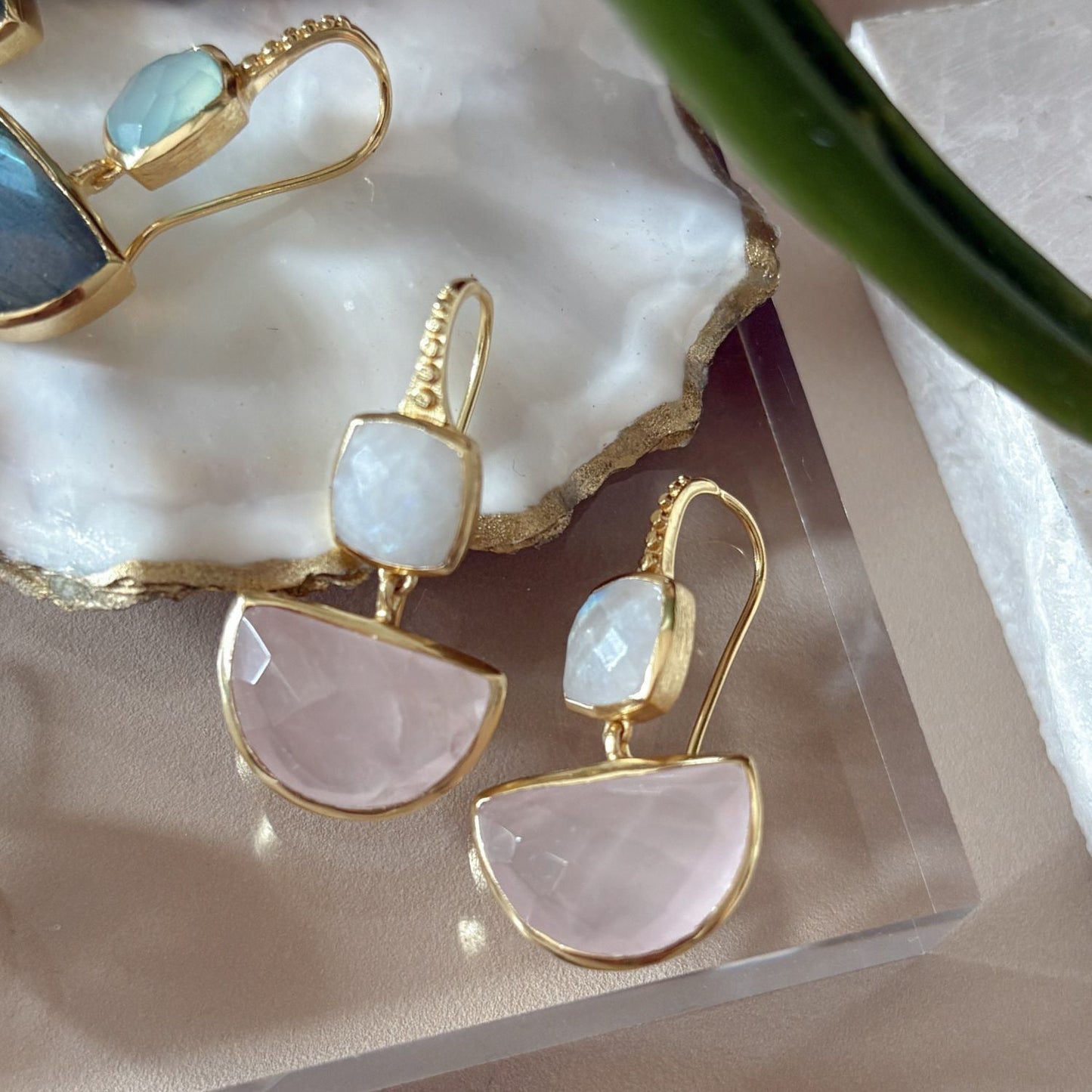 Charis Halfmoon Double Gemstone Earrings Moonstone & Rose Quartz