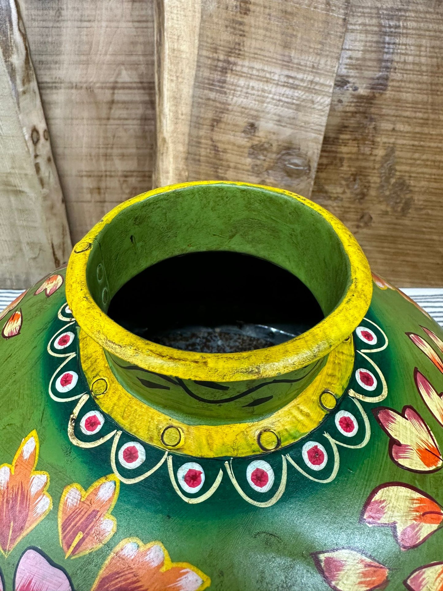Vintage Painted Indian Water Pot Vase / Riveted Hand Beaten Metal Plant Pot A