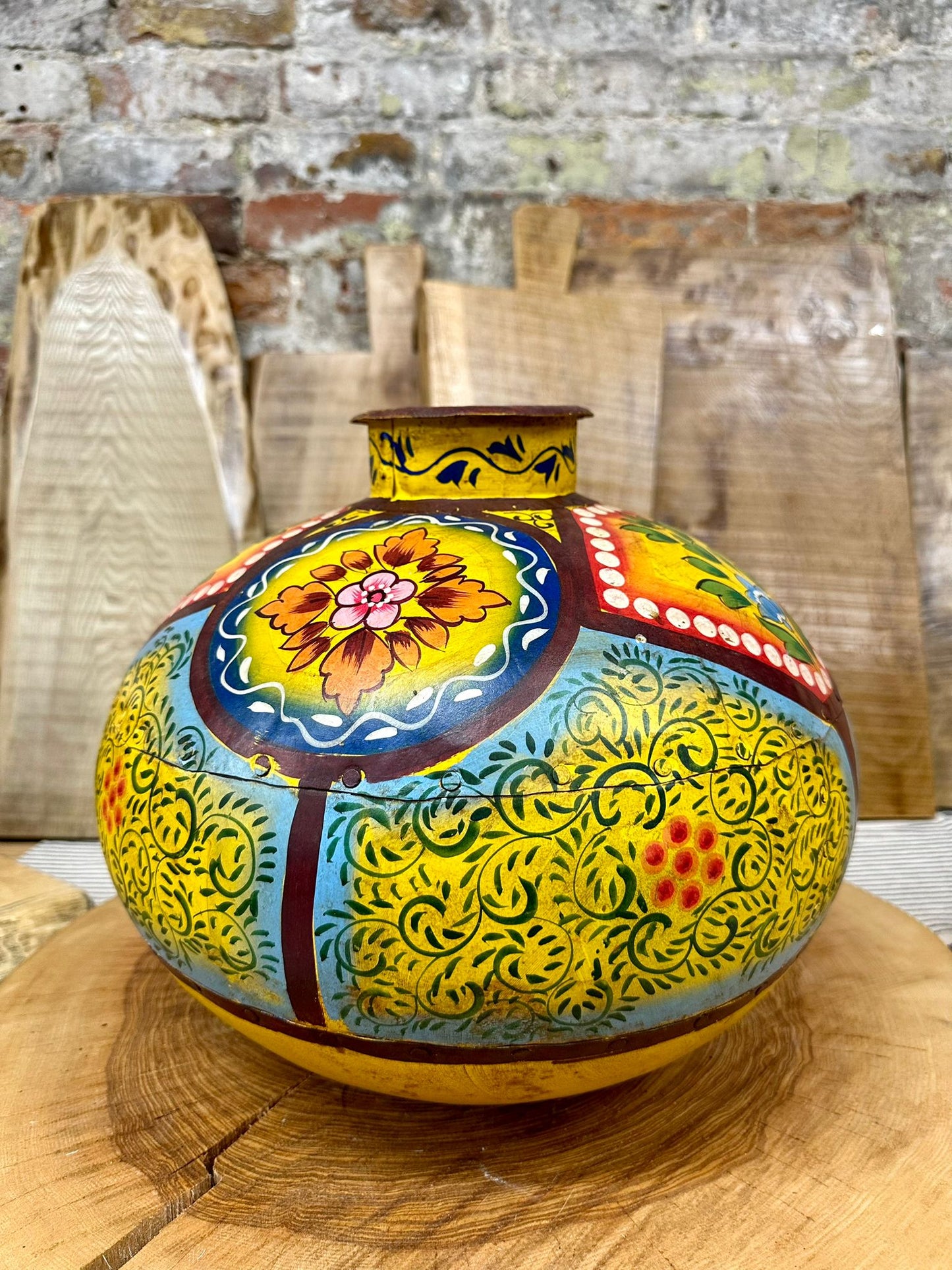 Vintage Painted Indian Water Pot Vase / Riveted Hand Beaten Metal Plant Pot B