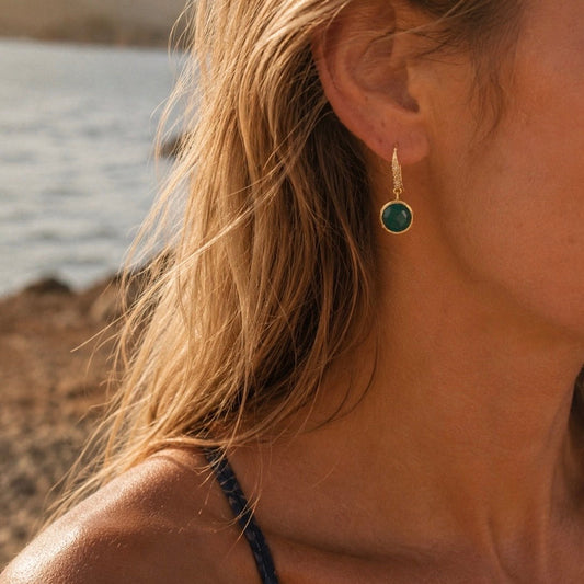 [PRE-ORDER] Charis Round Gemstone Earrings Black Onyx, Front CZ Hooks